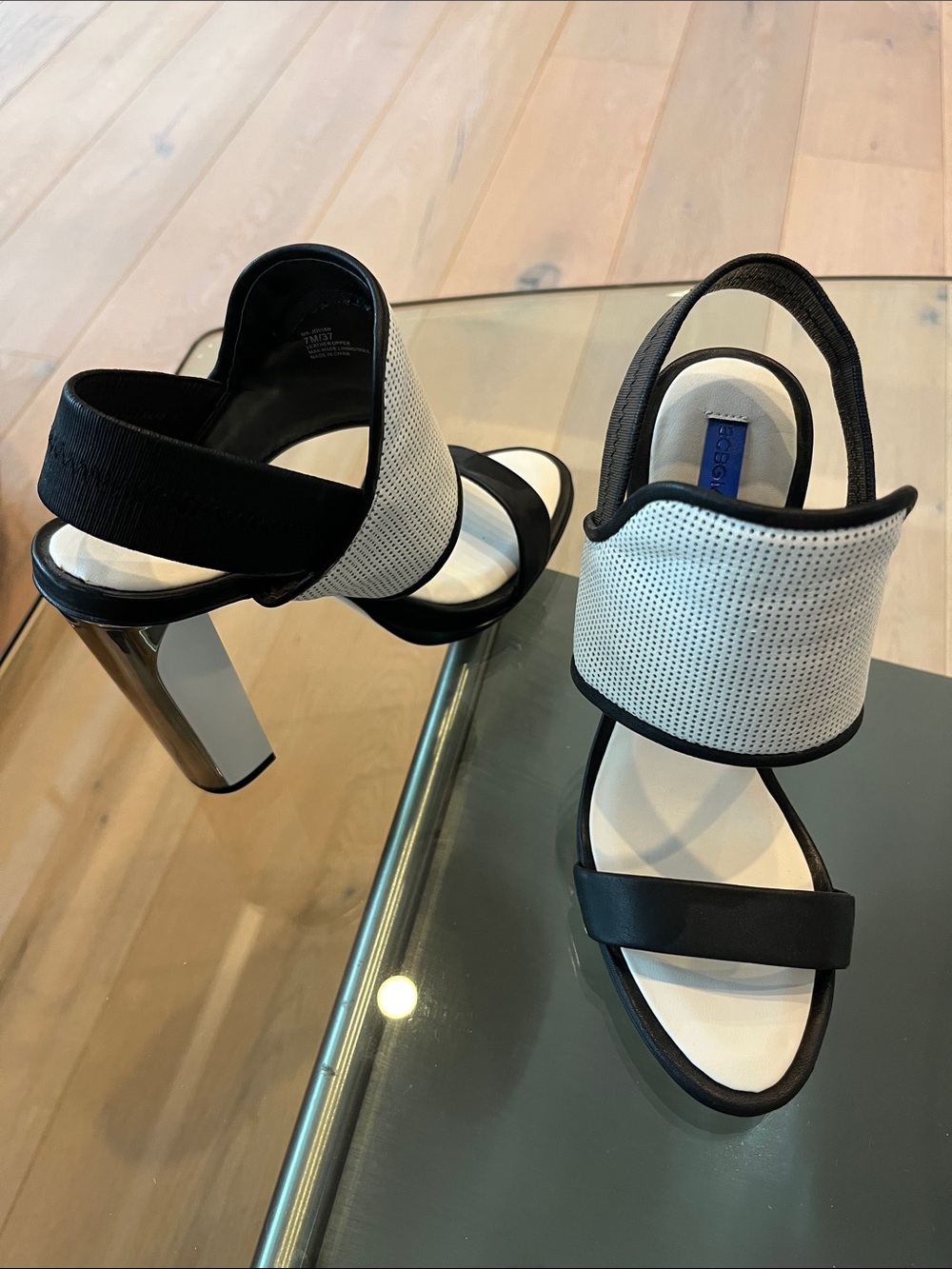 BCBGMaxAzria Black and White Open-Toe Slingback Heels